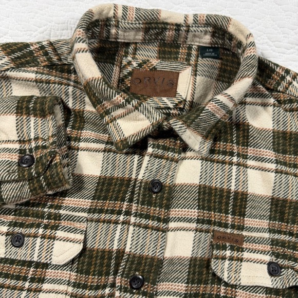 Orvis Other - Orvis Mens L Flannel Plaid Shirt Long Sleeve Button Down Green Tan Heavyweight